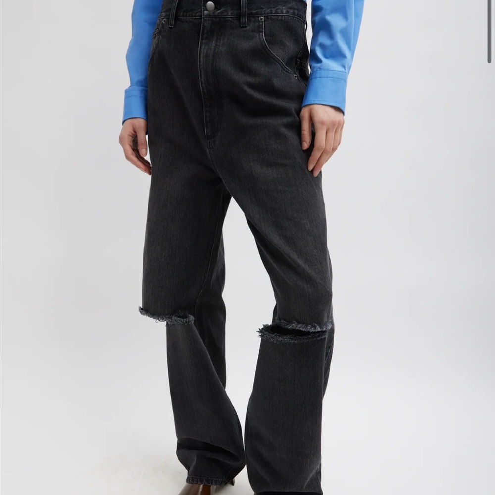 Tibi Washed Black Distressed Straight Jeans